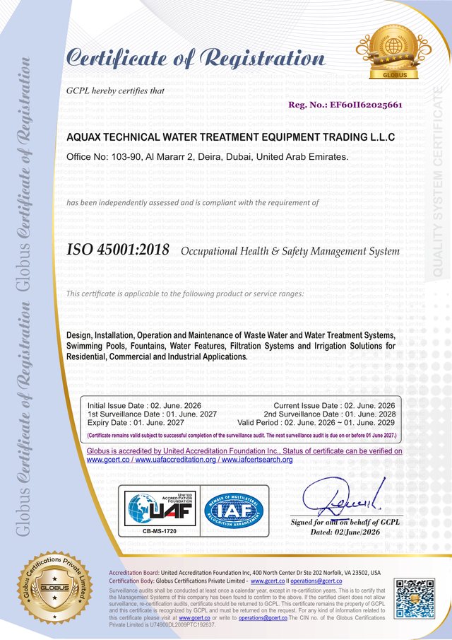 AQUAX ISO 45001:2018 certificate of registration