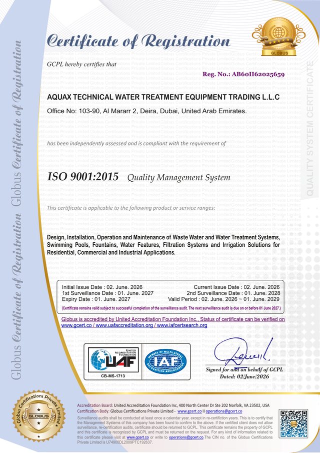 AQUAX ISO 9001:2015 certificate of registration